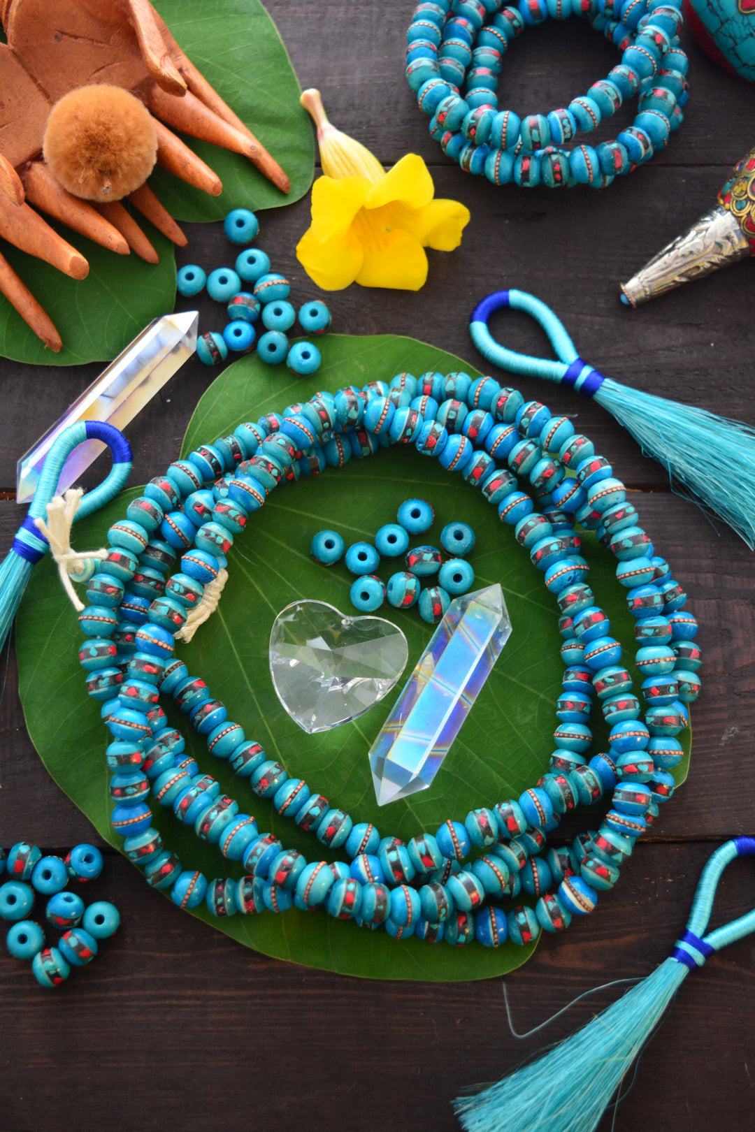 Turquoise Blue: 10mm Inlaid Yak Bone Beads from Nepal, 10 beads
