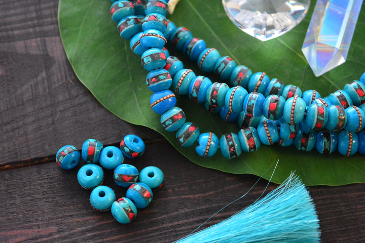 Turquoise Blue: 10mm Inlaid Yak Bone Beads from Nepal, 10 beads