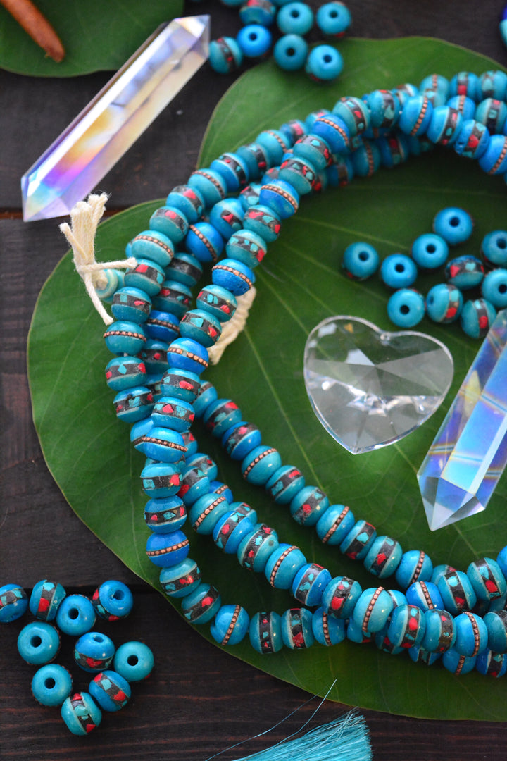 Turquoise Blue: 10mm Inlaid Yak Bone Beads from Nepal, 10 beads