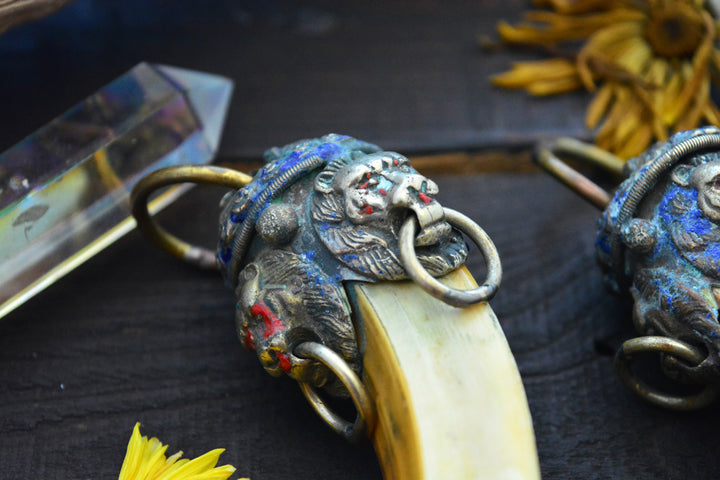 Large Boar Tusk Pendant with Adorned Wild Cat Brass Cap, 4.5", 1 pendant 