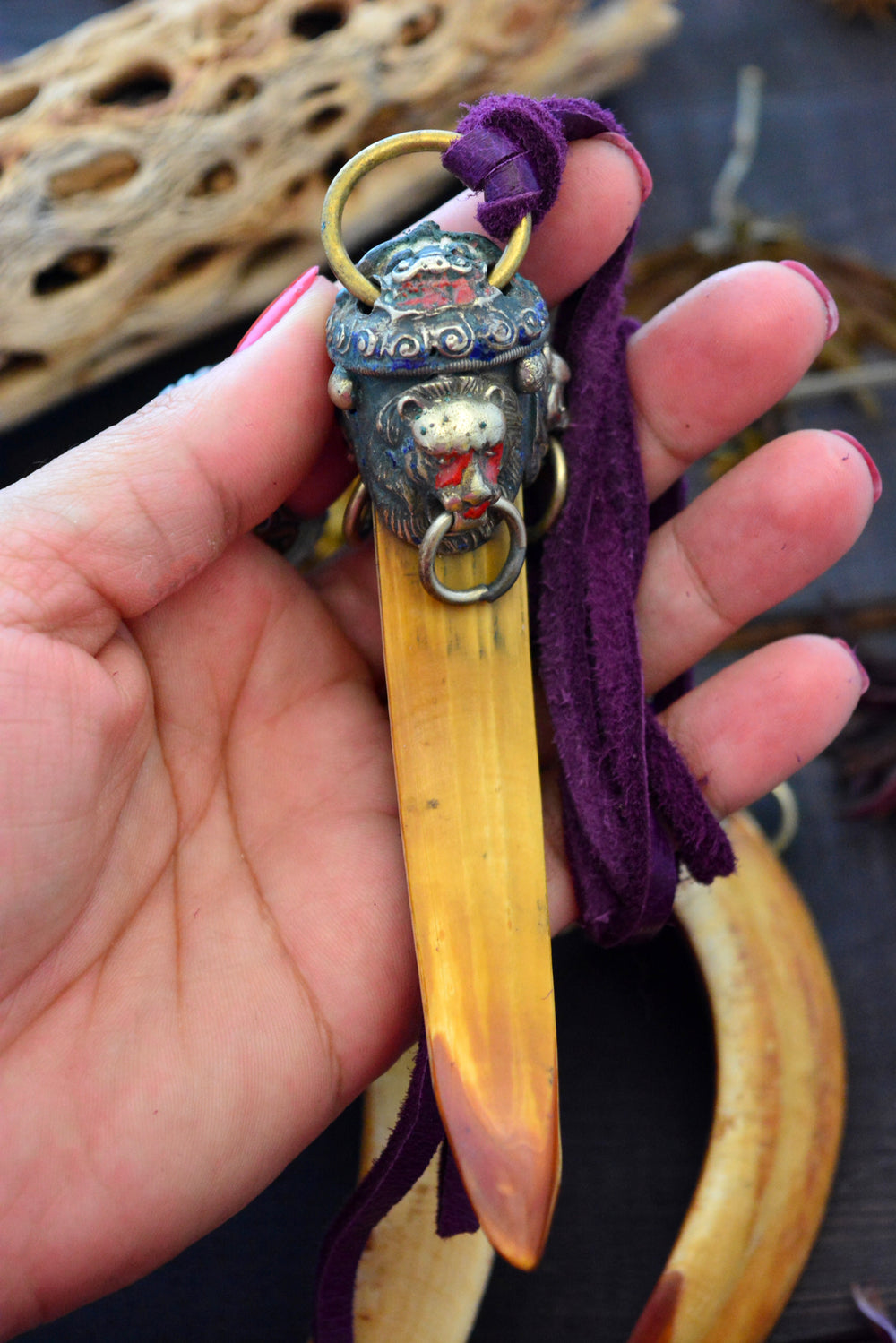 Large Boar Tusk Pendant with Adorned Wild Cat Brass Cap, 4.5", 1 pendant 