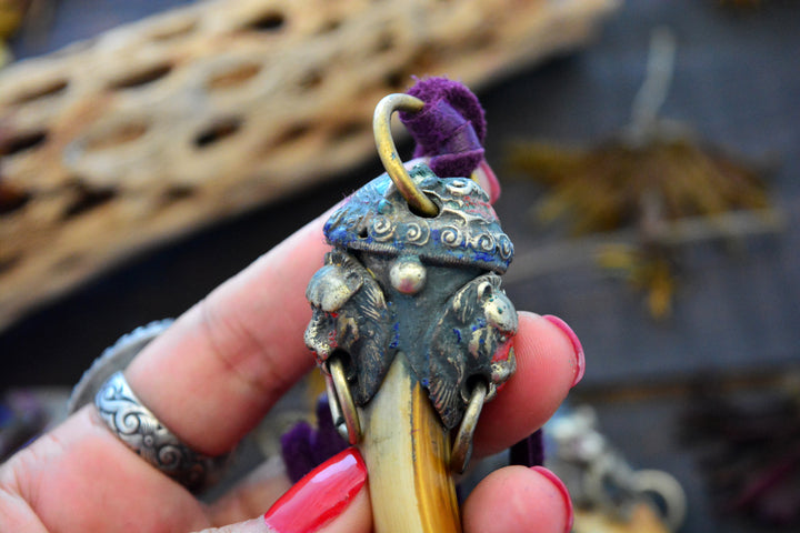 Large Boar Tusk Pendant with Adorned Wild Cat Brass Cap, 4.5", 1 pendant 