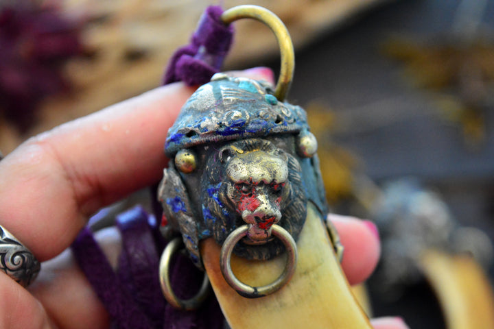 Large Boar Tusk Pendant with Adorned Wild Cat Brass Cap, 4.5", 1 pendant 