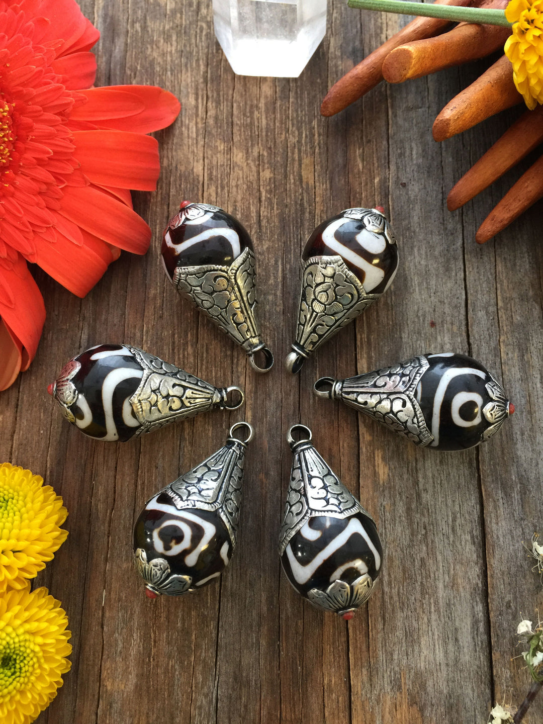 Two-Tone Dzi Nepali Teardrop Charms, 21x43mm, 1 piece (large)