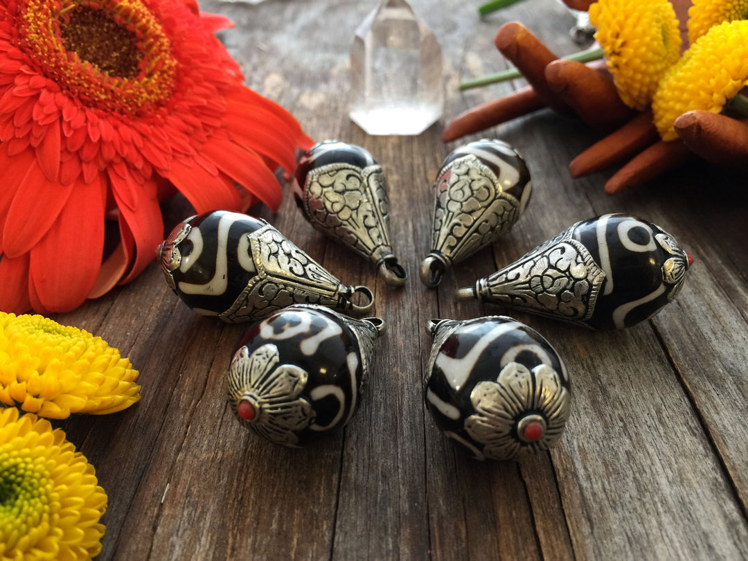 Two-Tone Dzi Nepali Teardrop Charms, 21x43mm, 1 piece (large)