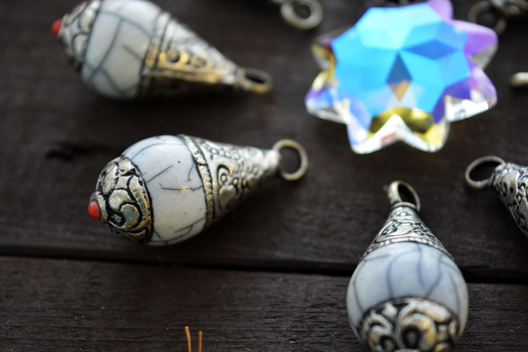 White Magnesite Nepali Teardrop Pendant, 16x36mm, 1 piece