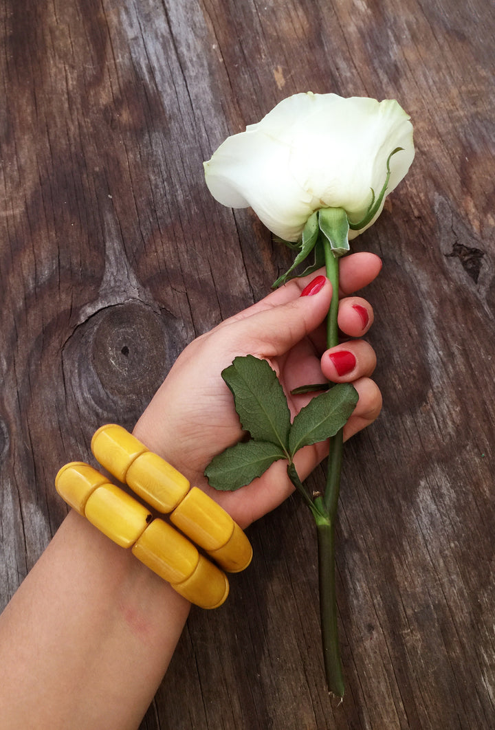 Sunflower Yellow River Bead Stretch Tagua Bracelet