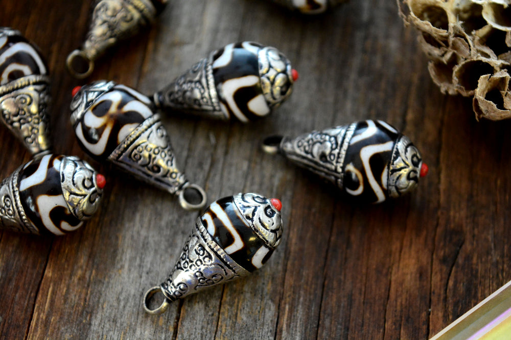 Two-Tone Dzi Nepali Teardrop Charms, 15x34mm, 1 piece