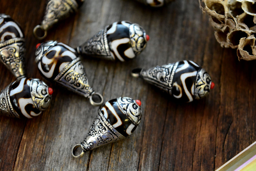 Two-Tone Dzi Nepali Teardrop Charms, 15x34mm, 1 piece